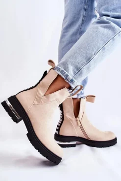 Outlet Zamszowe Botki Z Wycięciami Beżowe Elvera Damskie Botki Zimowe Damskie|Brązowe I Beżowe Botki