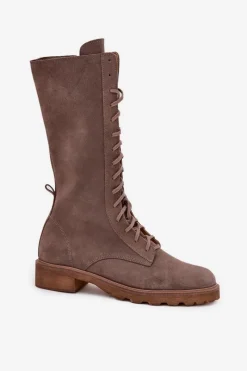 Discount Zazoo Zamszowe Botki Ze Sznurowaniem Do Połowy Łydki 3103 Ciemnobeżowe Beżowy