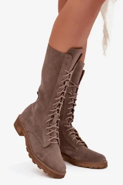 Discount Zazoo Zamszowe Botki Ze Sznurowaniem Do Połowy Łydki 3103 Ciemnobeżowe Beżowy