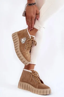 Best Zamszowe Buty Sportowe Wiązane Lewski Shoes 3252/N Beżowe Damskie Botki Sznurowane|Botki Płaskie
