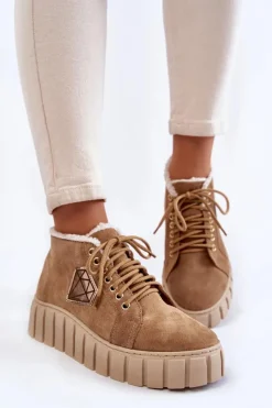 Best Zamszowe Buty Sportowe Wiązane Lewski Shoes 3252/N Beżowe Damskie Botki Sznurowane|Botki Płaskie