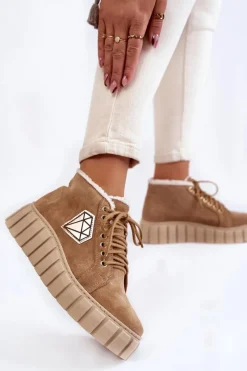 Best Zamszowe Buty Sportowe Wiązane Lewski Shoes 3252/N Beżowe Damskie Botki Sznurowane|Botki Płaskie