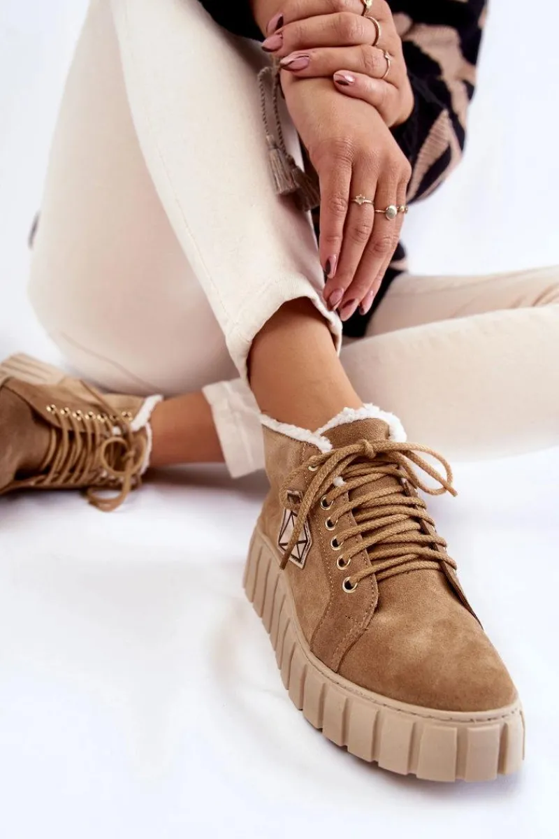 Best Zamszowe Buty Sportowe Wiązane Lewski Shoes 3252/N Beżowe Damskie Botki Sznurowane|Botki Płaskie