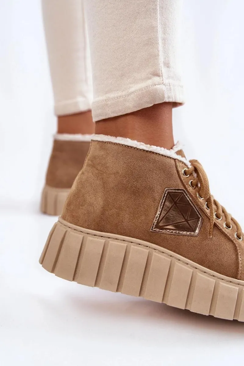 Best Zamszowe Buty Sportowe Wiązane Lewski Shoes 3252/N Beżowe Damskie Botki Sznurowane|Botki Płaskie