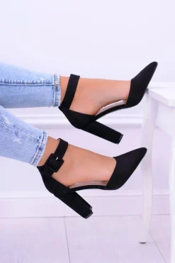 Hot Zamszowe Czarne Czółenka na Słupku Harinta Damskie Czółenka Zamszowe|Czółenka Na Słupku