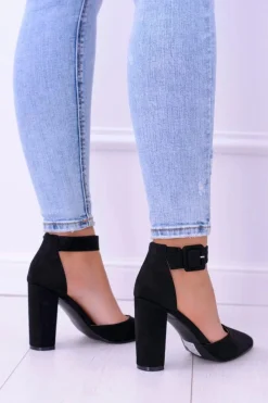 Hot Zamszowe Czarne Czółenka na Słupku Harinta Damskie Czółenka Zamszowe|Czółenka Na Słupku