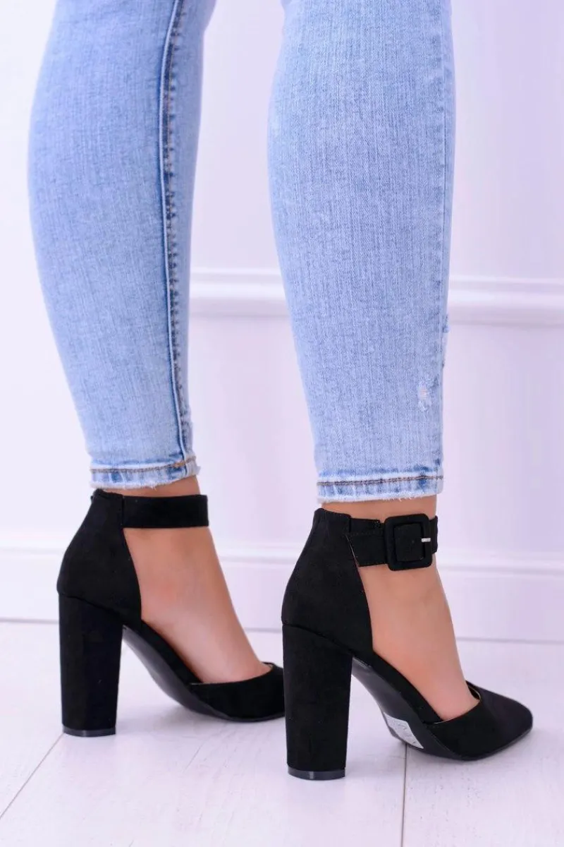 Hot Zamszowe Czarne Czółenka na Słupku Harinta Damskie Czółenka Zamszowe|Czółenka Na Słupku