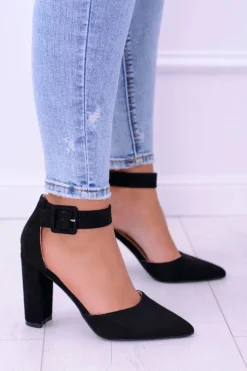 Hot Zamszowe Czarne Czółenka na Słupku Harinta Damskie Czółenka Zamszowe|Czółenka Na Słupku