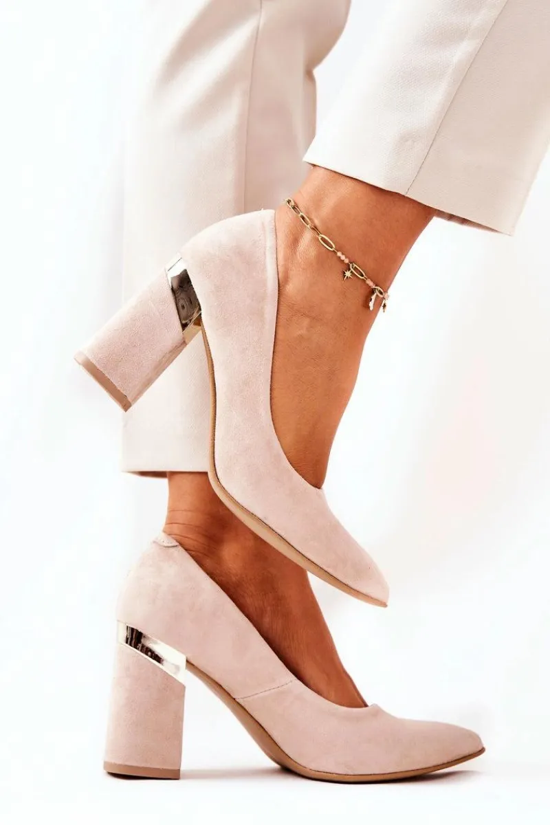 Outlet Zamszowe Czółenka Lewski 3117 Beżowe Damskie Czółenka Na Słupku