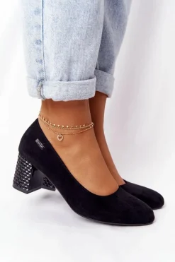 Zamszowe Czółenka Na Karbowanym Słupku Sergio Leone Czarne Damskie Czółenka Zamszowe|Czółenka Na Słupku