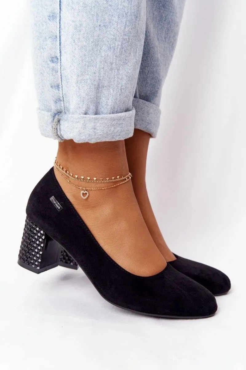 Zamszowe Czółenka Na Karbowanym Słupku Sergio Leone Czarne Damskie Czółenka Zamszowe|Czółenka Na Słupku