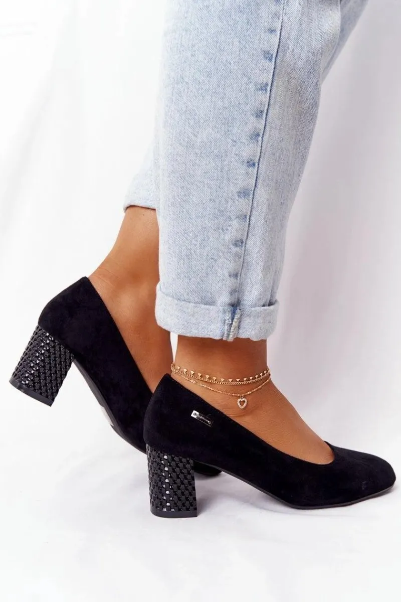 Zamszowe Czółenka Na Karbowanym Słupku Sergio Leone Czarne Damskie Czółenka Zamszowe|Czółenka Na Słupku