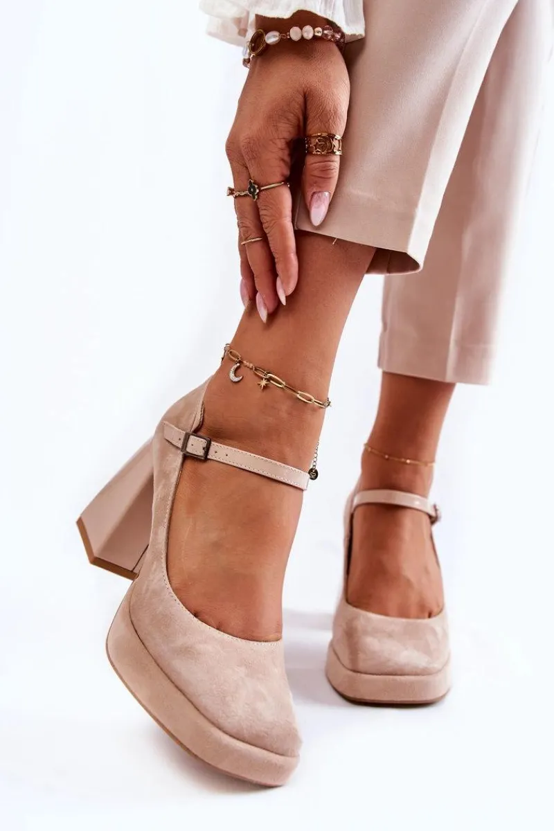 Hot Boto Zamszowe Czółenka Na Masywnym Obcasie Beżowe Tina