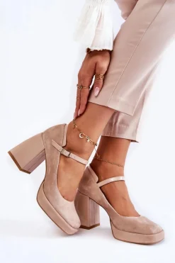 Hot Boto Zamszowe Czółenka Na Masywnym Obcasie Beżowe Tina