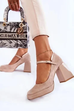 Hot Boto Zamszowe Czółenka Na Masywnym Obcasie Beżowe Tina