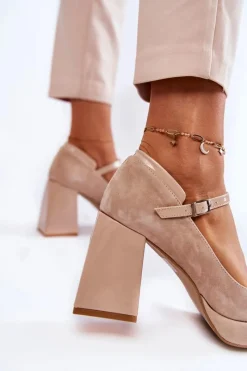 Hot Boto Zamszowe Czółenka Na Masywnym Obcasie Beżowe Tina