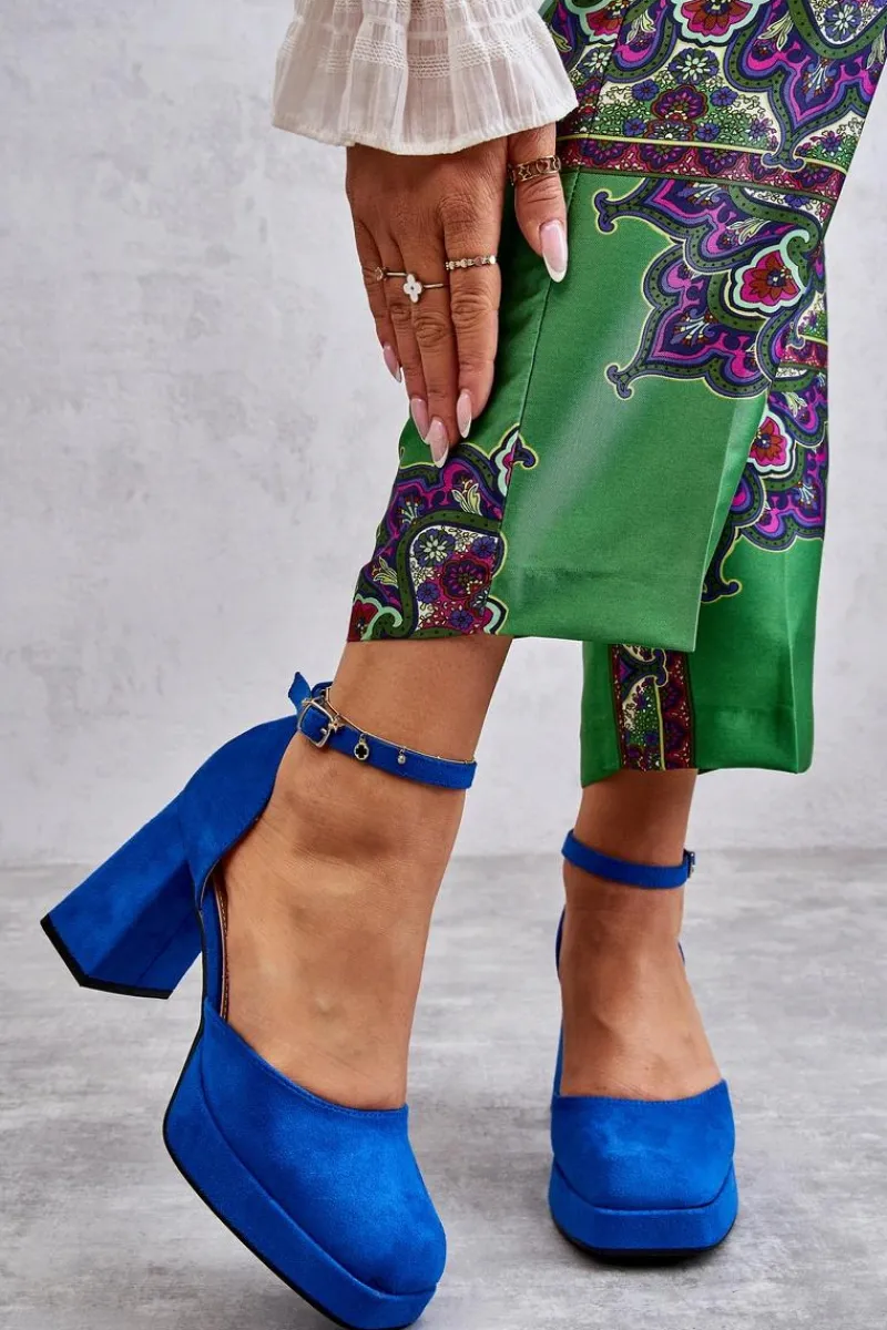 Hot Boto Zamszowe Czółenka Na Masywnym Obcasie I Platformie Niebieskie Diame