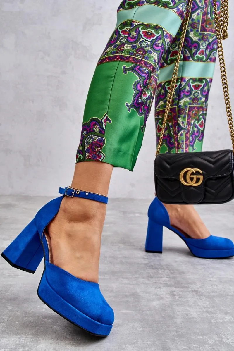 Hot Boto Zamszowe Czółenka Na Masywnym Obcasie I Platformie Niebieskie Diame