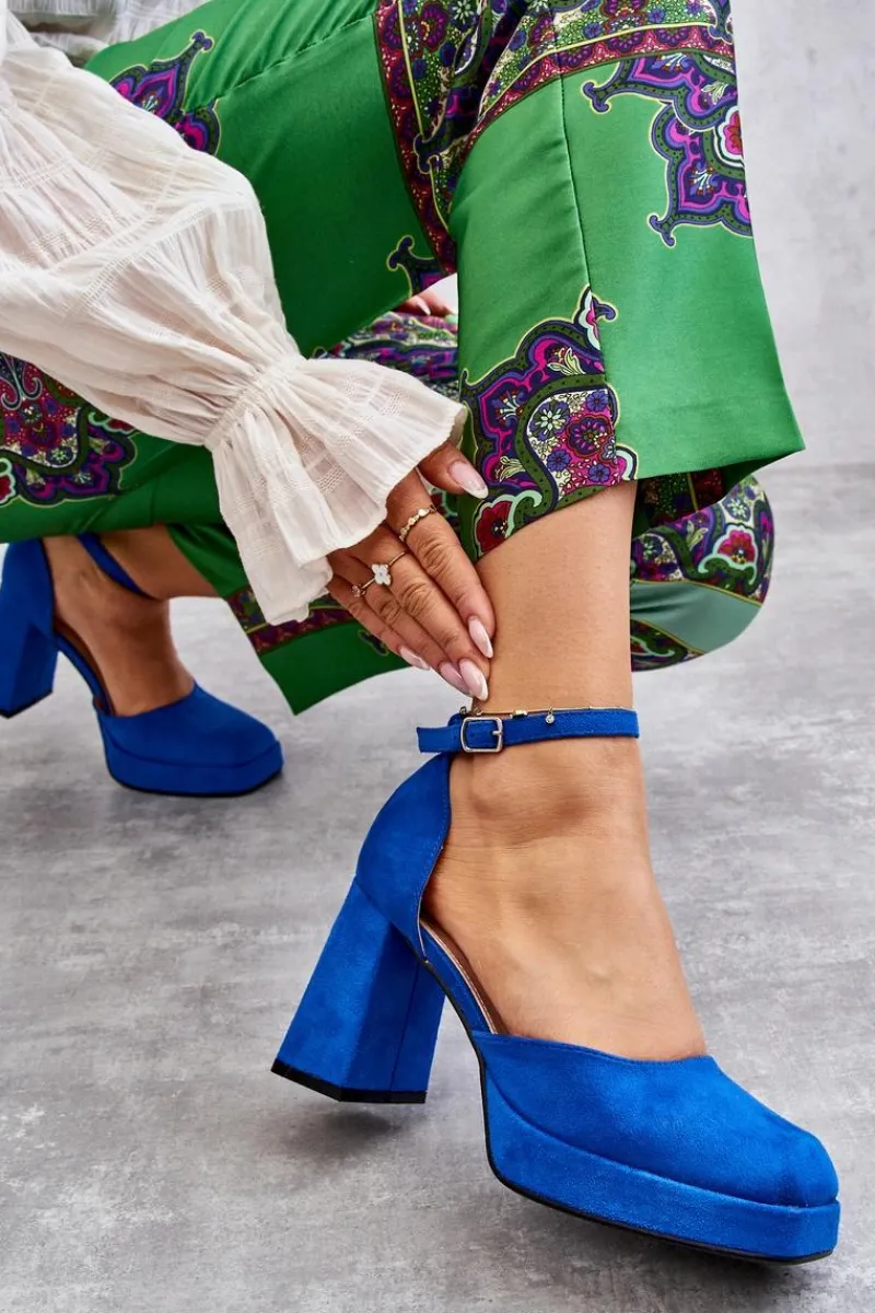 Hot Boto Zamszowe Czółenka Na Masywnym Obcasie I Platformie Niebieskie Diame