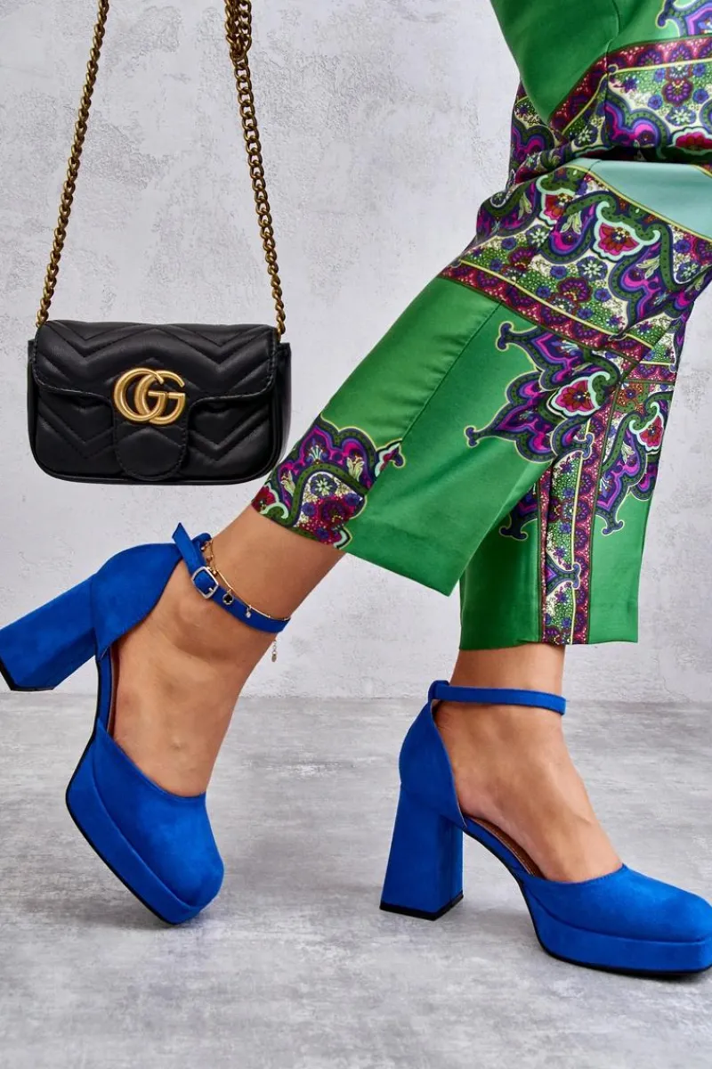 Hot Boto Zamszowe Czółenka Na Masywnym Obcasie I Platformie Niebieskie Diame