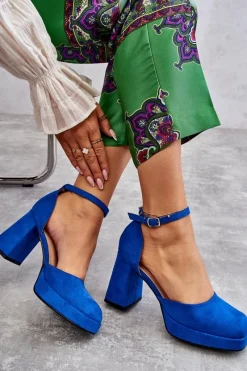 Hot Boto Zamszowe Czółenka Na Masywnym Obcasie I Platformie Niebieskie Diame