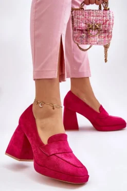 Discount Zamszowe Czółenka Na Masywnym Obcasie I Platformie Fuksja Adriel Damskie Czółenka Na Platformie|Czółenka Na Słupku