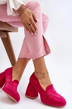 Discount Zamszowe Czółenka Na Masywnym Obcasie I Platformie Fuksja Adriel Damskie Czółenka Na Platformie|Czółenka Na Słupku
