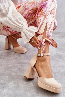 Outlet Zamszowe Czółenka Na Masywnym Obcasie I Platformie Beżowe Diame Damskie Czółenka Na Platformie|Czółenka Zamszowe