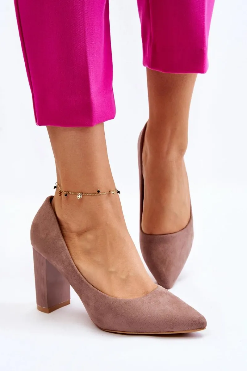 Outlet Zamszowe Czółenka Na Modnym Obcasie Beżowe Estellia Damskie Czółenka Zamszowe|Czółenka Na Słupku