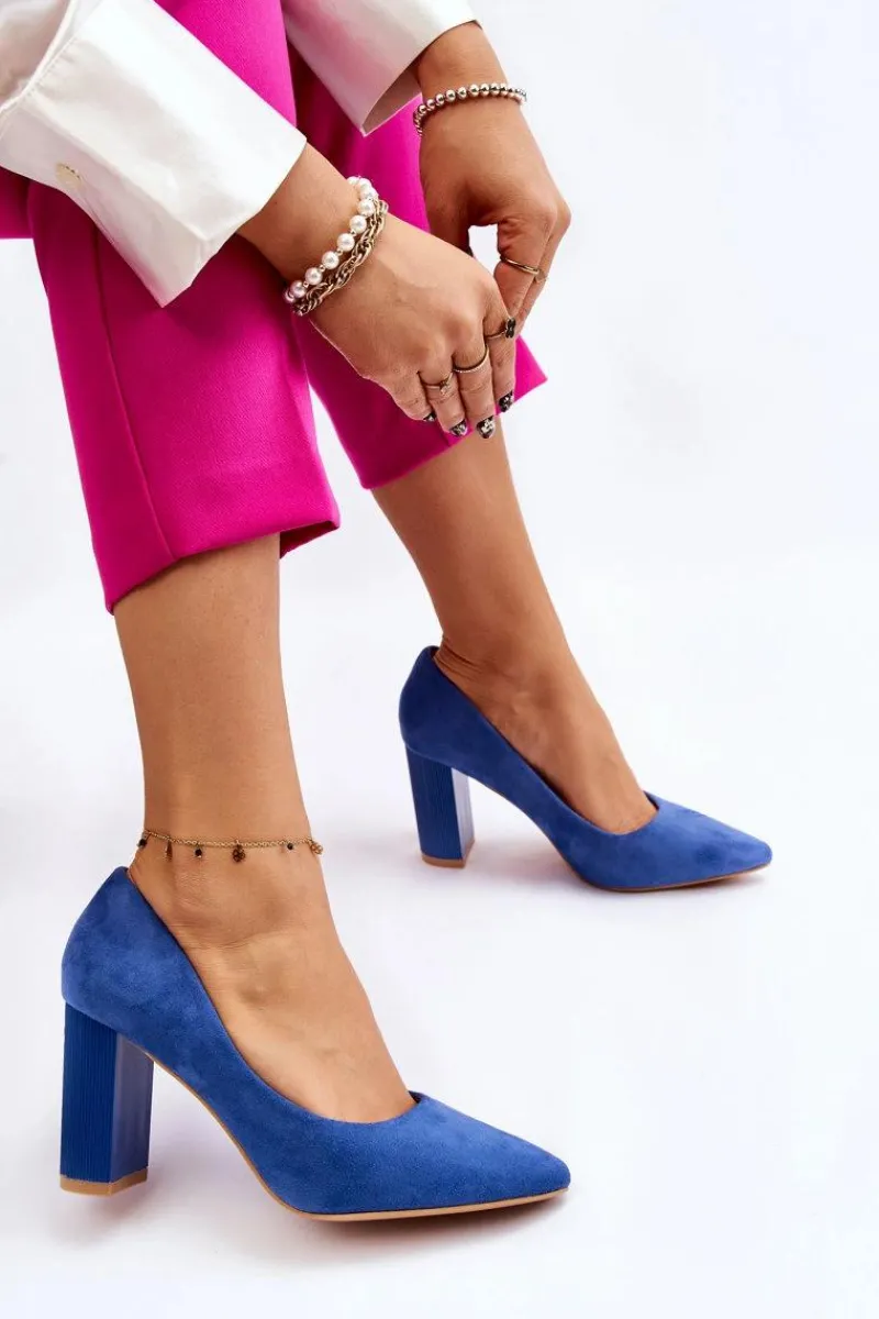 Sale Zamszowe Czółenka Na Modnym Obcasie Niebieskie Estellia Damskie Czółenka Zamszowe|Czółenka Na Słupku