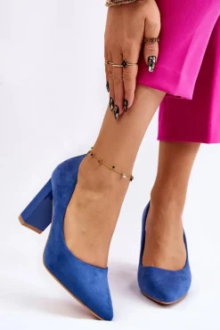 Sale Zamszowe Czółenka Na Modnym Obcasie Niebieskie Estellia Damskie Czółenka Zamszowe|Czółenka Na Słupku