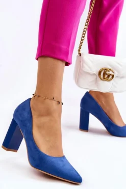 Sale Zamszowe Czółenka Na Modnym Obcasie Niebieskie Estellia Damskie Czółenka Zamszowe|Czółenka Na Słupku