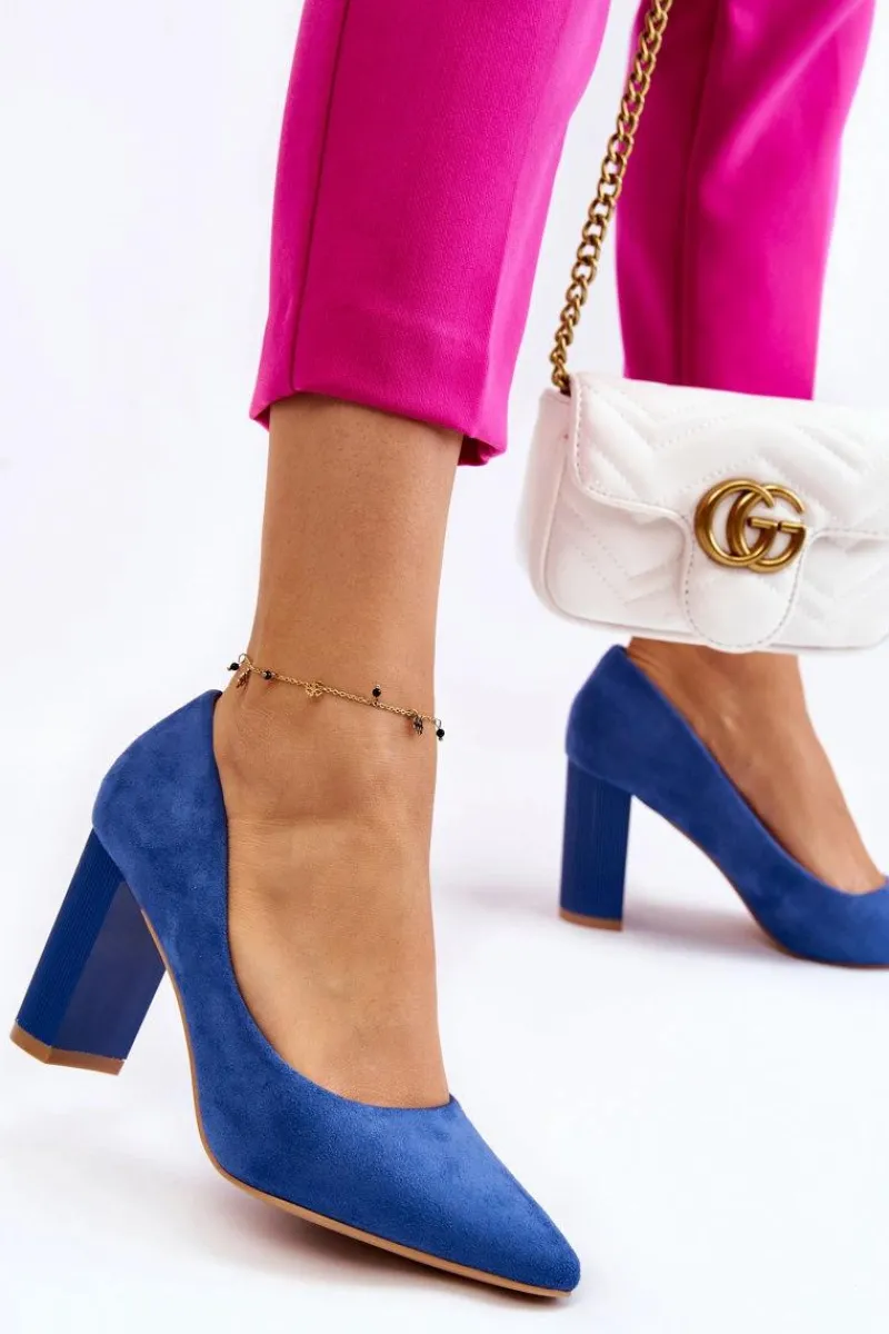 Sale Zamszowe Czółenka Na Modnym Obcasie Niebieskie Estellia Damskie Czółenka Zamszowe|Czółenka Na Słupku