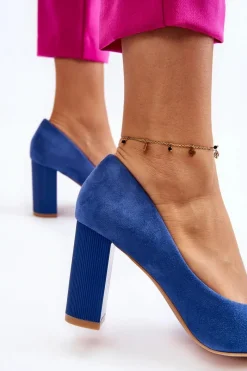 Sale Zamszowe Czółenka Na Modnym Obcasie Niebieskie Estellia Damskie Czółenka Zamszowe|Czółenka Na Słupku