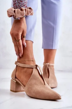 Discount Zamszowe Czółenka Na Obcasie 2309 Jasnobeżowe Damskie Czółenka Zamszowe|Czółenka Na Słupku