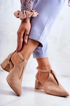 Discount Zamszowe Czółenka Na Obcasie 2309 Jasnobeżowe Damskie Czółenka Zamszowe|Czółenka Na Słupku