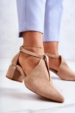 Discount Zamszowe Czółenka Na Obcasie 2309 Jasnobeżowe Damskie Czółenka Zamszowe|Czółenka Na Słupku