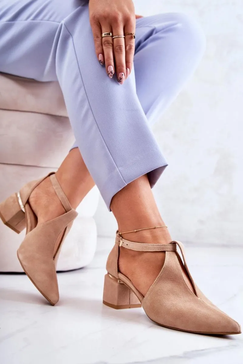 Discount Zamszowe Czółenka Na Obcasie 2309 Jasnobeżowe Damskie Czółenka Zamszowe|Czółenka Na Słupku