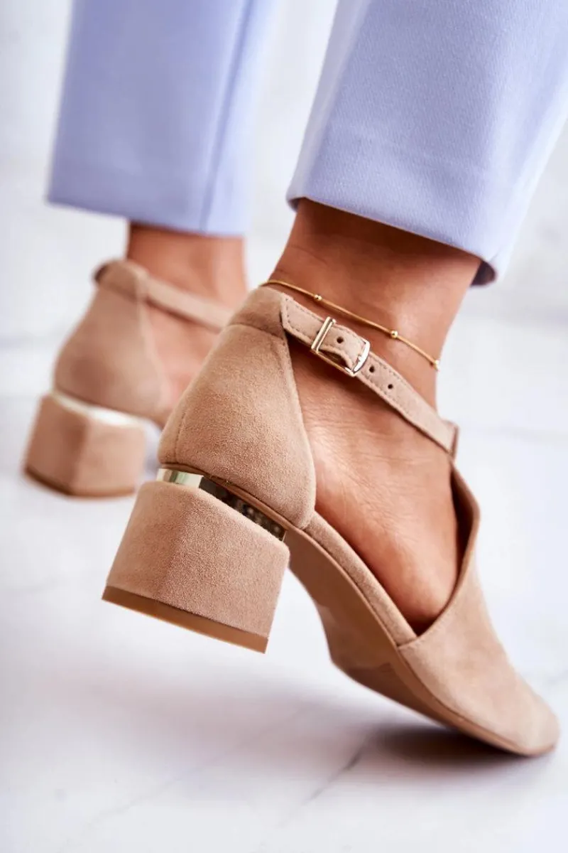 Discount Zamszowe Czółenka Na Obcasie 2309 Jasnobeżowe Damskie Czółenka Zamszowe|Czółenka Na Słupku