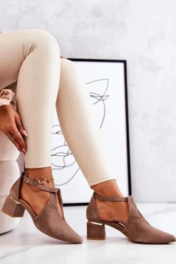 Online Zamszowe Czółenka Na Obcasie 2309 Beżowe Damskie Czółenka Zamszowe|Czółenka Na Słupku