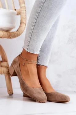 Best Zamszowe Czółenka Na Słupku Sergio Leone PB291 Beżowe Damskie Czółenka Zamszowe|Czółenka Na Słupku