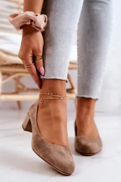 Best Zamszowe Czółenka Na Słupku Sergio Leone PB291 Beżowe Damskie Czółenka Zamszowe|Czółenka Na Słupku