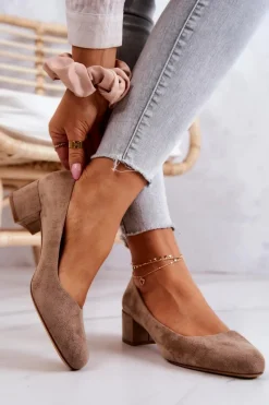 Best Zamszowe Czółenka Na Słupku Sergio Leone PB291 Beżowe Damskie Czółenka Zamszowe|Czółenka Na Słupku