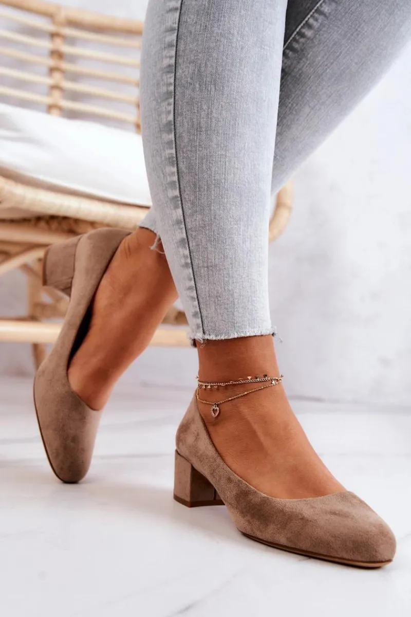 Best Zamszowe Czółenka Na Słupku Sergio Leone PB291 Beżowe Damskie Czółenka Zamszowe|Czółenka Na Słupku