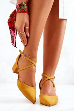 Clearance Zamszowe Czółenka Na Słupku W Szpic Żółte Shelley Damskie Czółenka Zamszowe|Czółenka Na Słupku