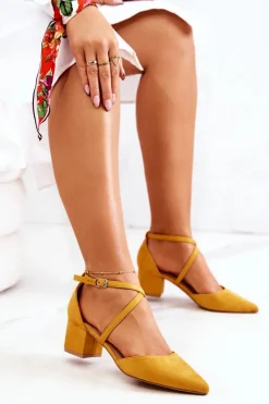 Clearance Zamszowe Czółenka Na Słupku W Szpic Żółte Shelley Damskie Czółenka Zamszowe|Czółenka Na Słupku