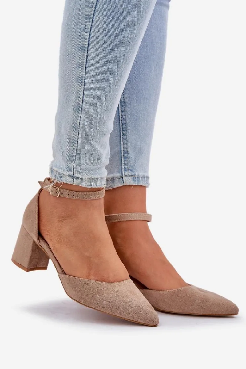 Czółenka Na Słupku|Czółenka Klasyczne>Boto Zamszowe Czółenka Na Słupku Ciemnobeżowe Promise Beżowy