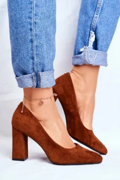 Clearance Zamszowe Czółenka Na Słupku Sergio Leone PB216 Camel Damskie Czółenka Na Słupku