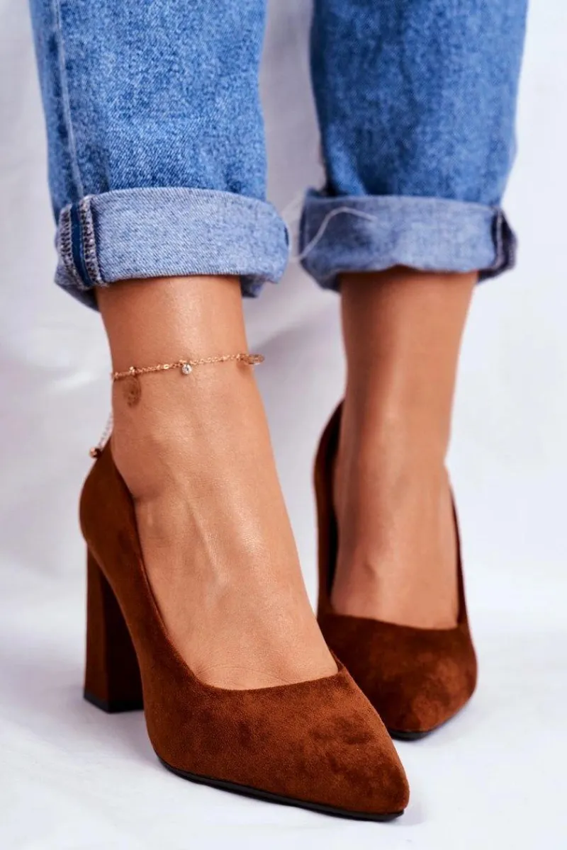 Clearance Zamszowe Czółenka Na Słupku Sergio Leone PB216 Camel Damskie Czółenka Na Słupku