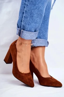 Clearance Zamszowe Czółenka Na Słupku Sergio Leone PB216 Camel Damskie Czółenka Na Słupku